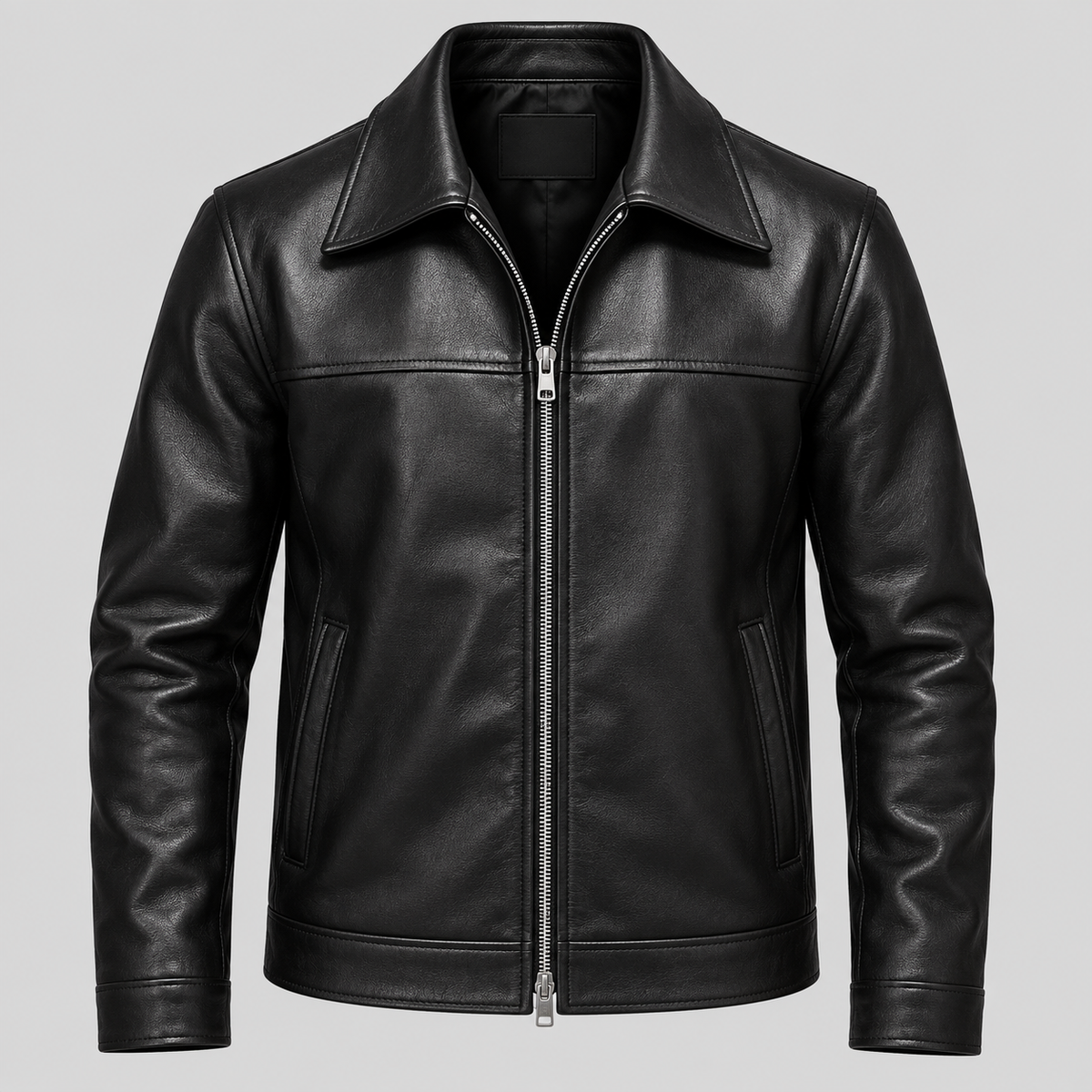 Men's Black Leather Yoke Jacket Sleek Zip-Up Real Leather Coat