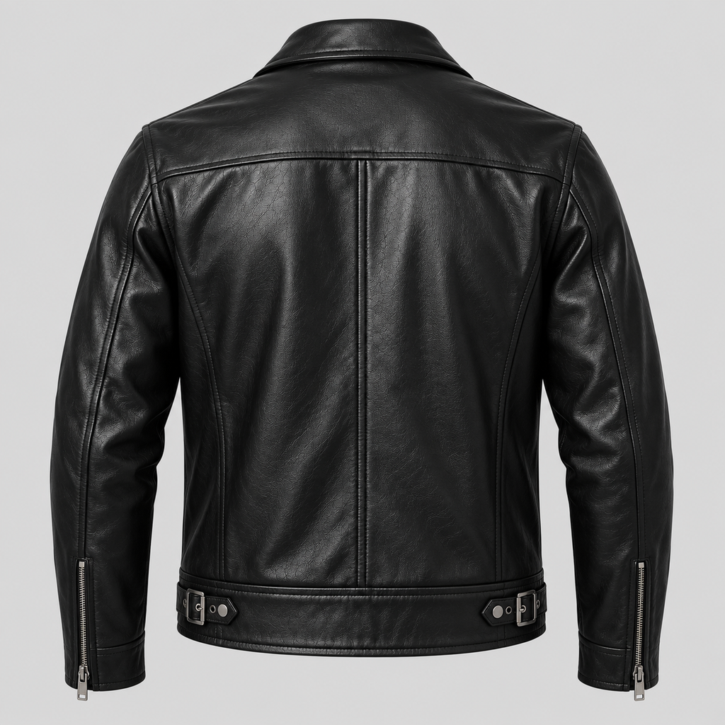 Men’s Black Leather Biker Jacket Slim Fit Zip-Up Moto Jacket