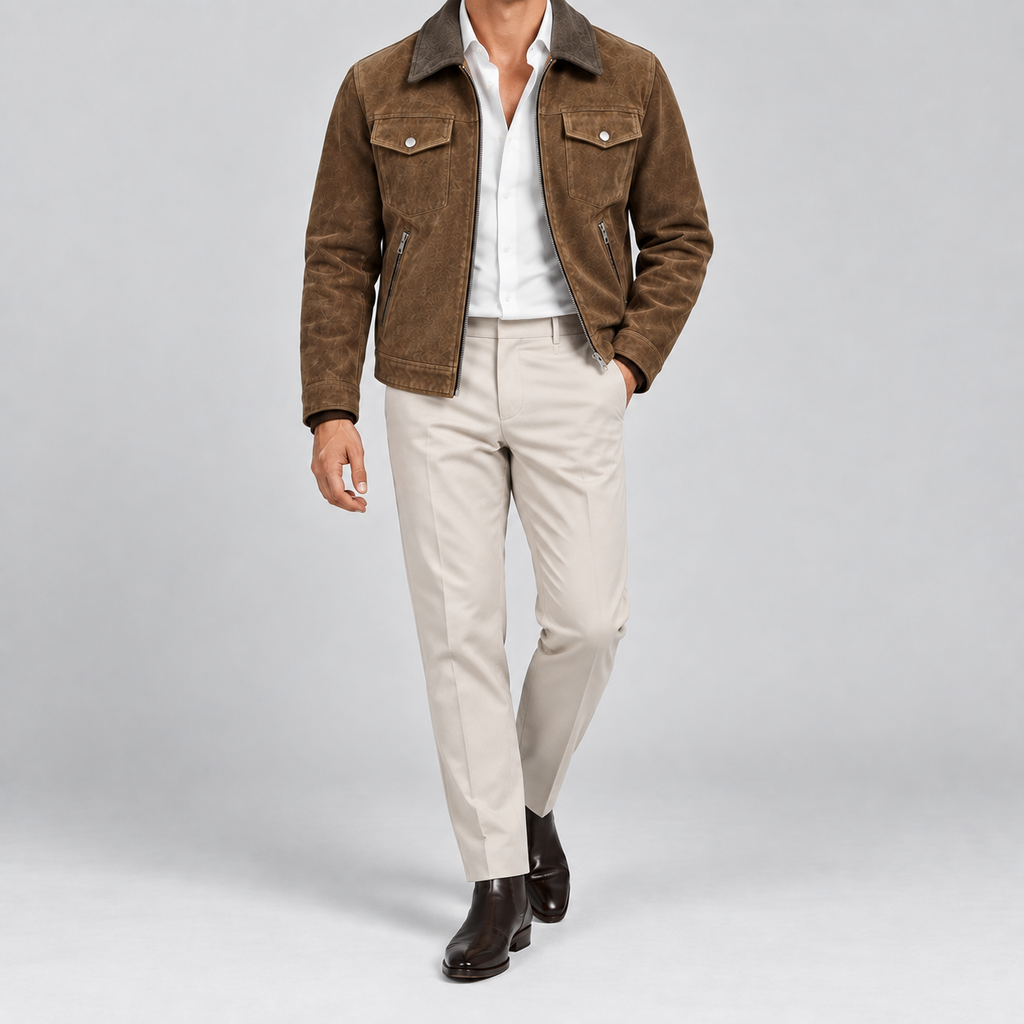 Men's Brown Suede Zip-Front Overshirt Relaxed Fit Leather Jacket