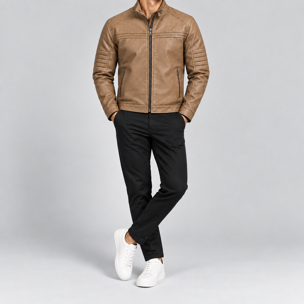 Men's Tan Leather  Jacket Slim Fit Snap-Collar Moto Coat