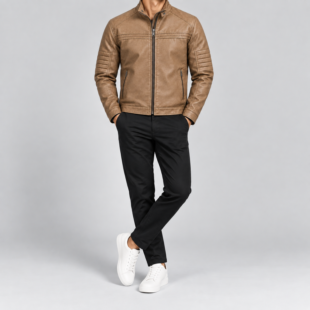 Men's Tan Leather  Jacket Slim Fit Snap-Collar Moto Coat