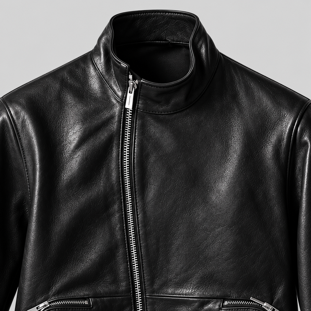 Men’s Black Leather Stand-Collar Jacket – Sleek Zip-Front Style