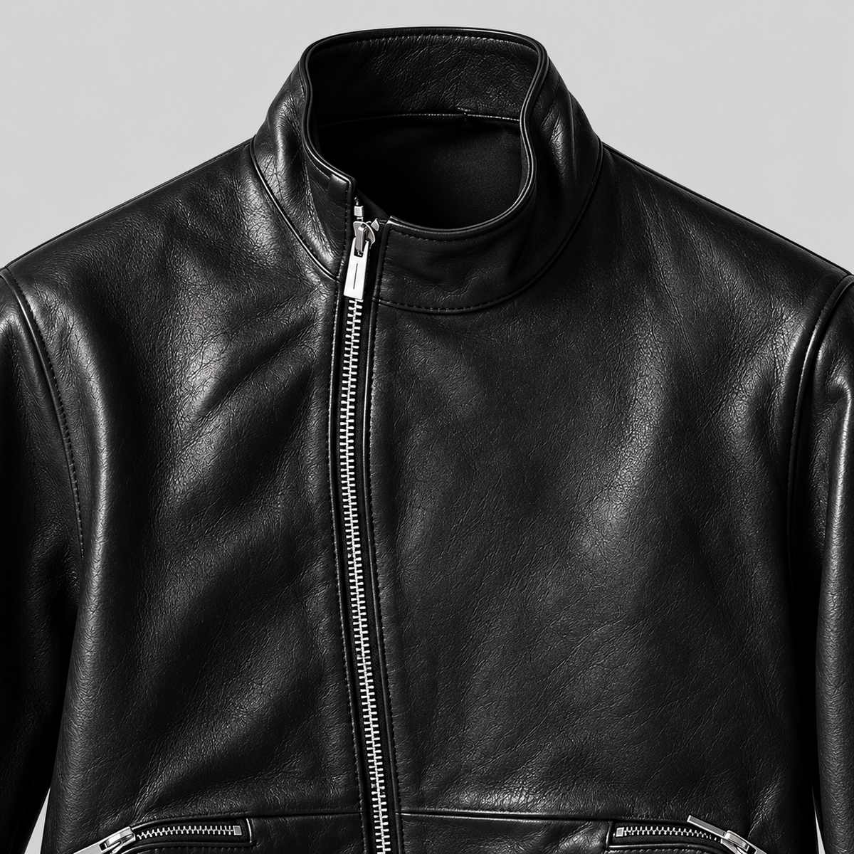 Men’s Black Leather Stand-Collar Jacket – Sleek Zip-Front Style