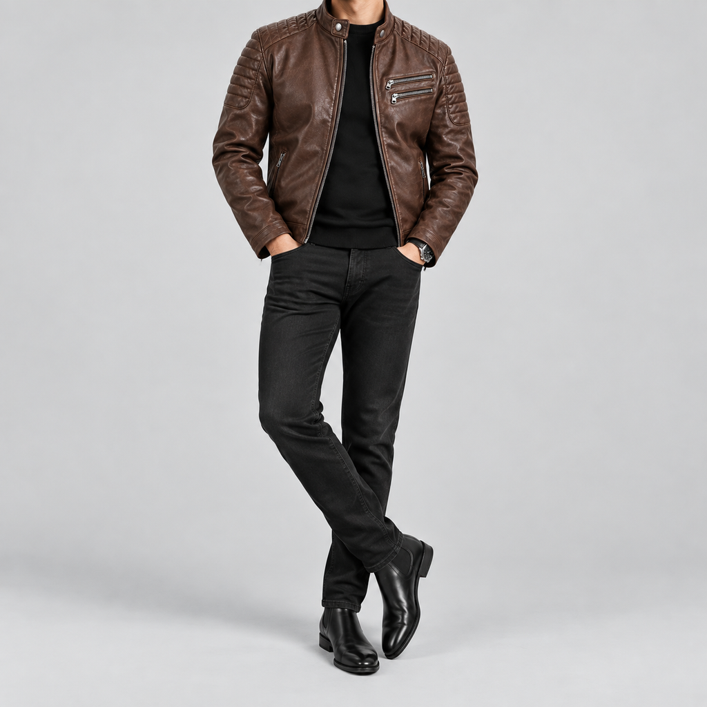 Men's Brown Leather Biker Jacket Slim Fit Quilted Moto Coat