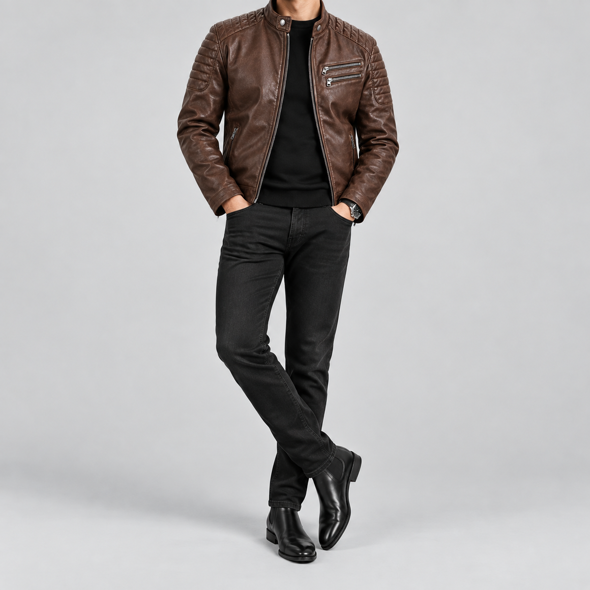 Men's Brown Leather Biker Jacket Slim Fit Quilted Moto Coat