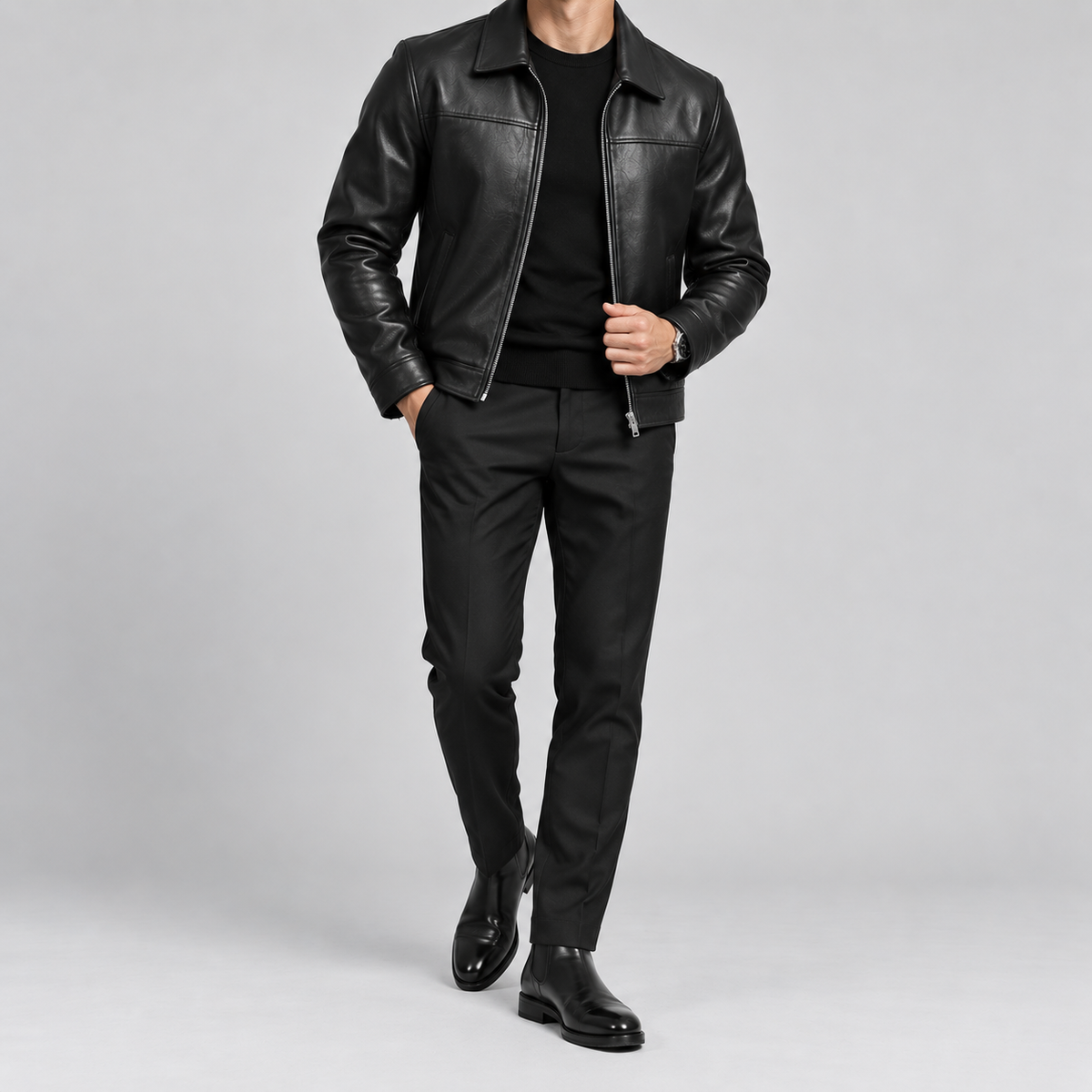 Men's Black Leather Yoke Jacket Sleek Zip-Up Real Leather Coat