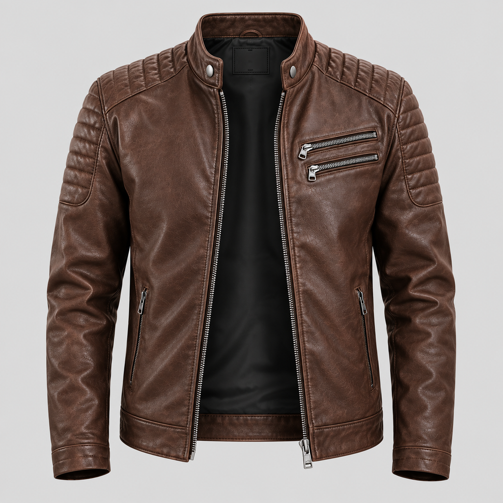 Men's Brown Leather Biker Jacket Slim Fit Quilted Moto Coat