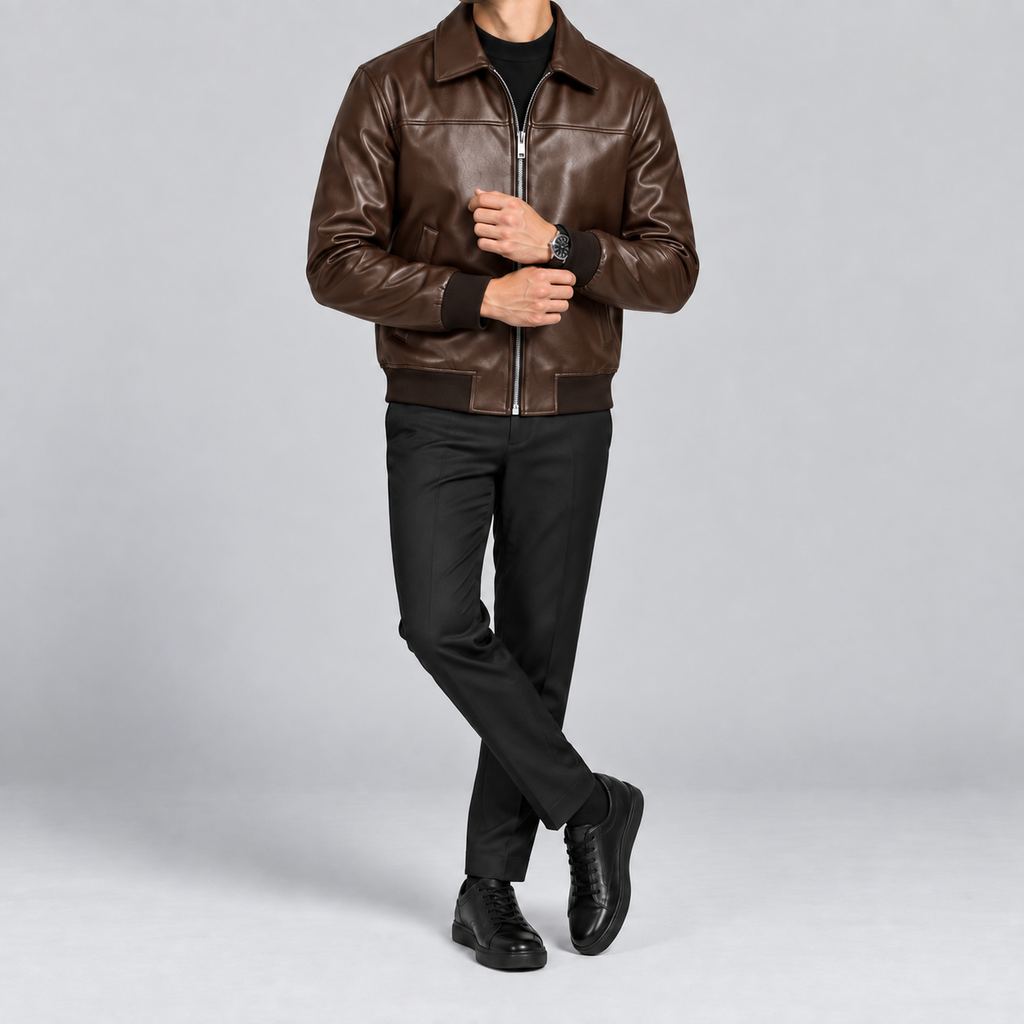 Men’s Brown Leather Blouson Jacket  Classic Zip-Front Bomber