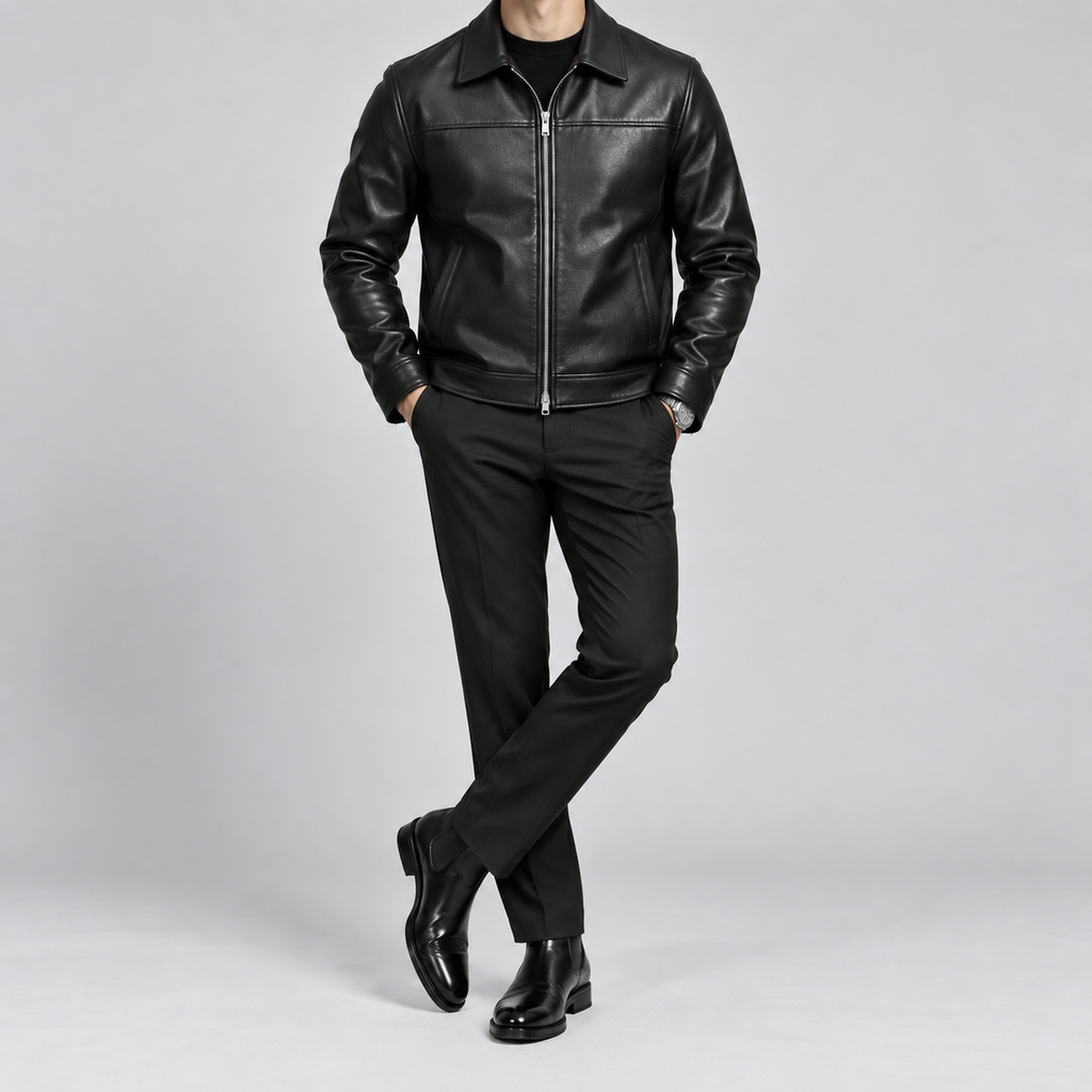Men's Black Leather Yoke Jacket Sleek Zip-Up Real Leather Coat