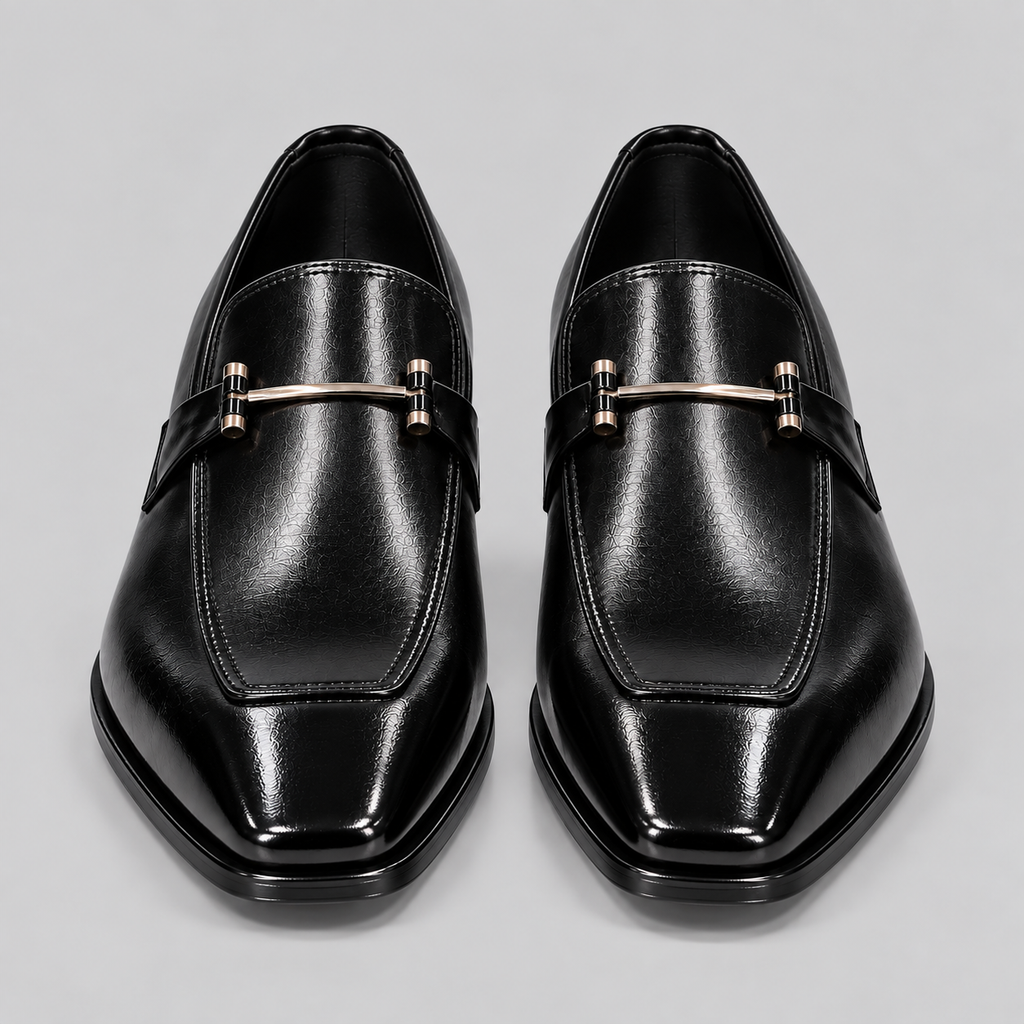 Men’s Black Leather Horsebit Loafers – Sleek Italian-Style Metal Bar