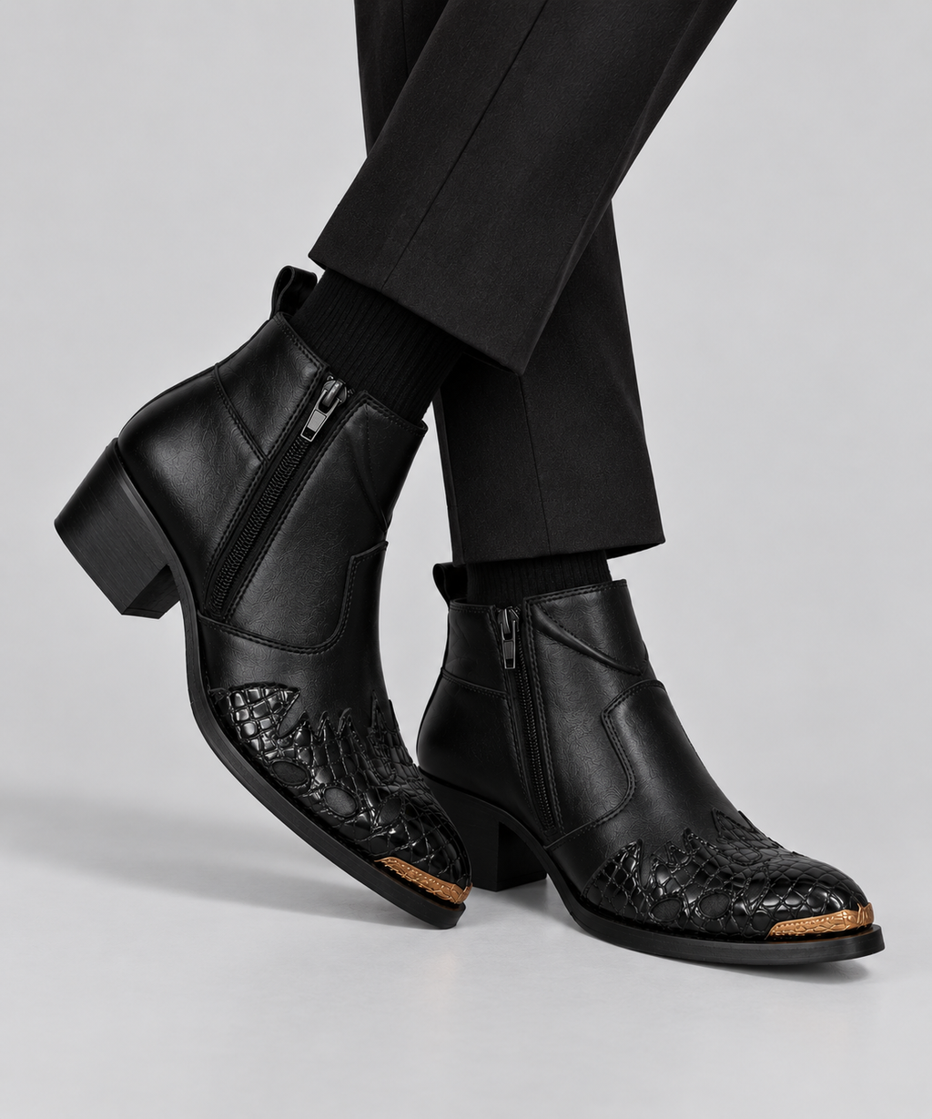 Men’s Black Leather Ankle Boots with Crocodile Texture