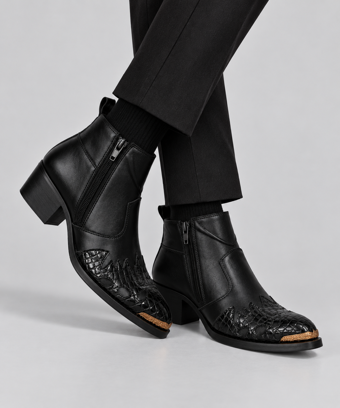 Men’s Black Leather Ankle Boots with Crocodile Texture