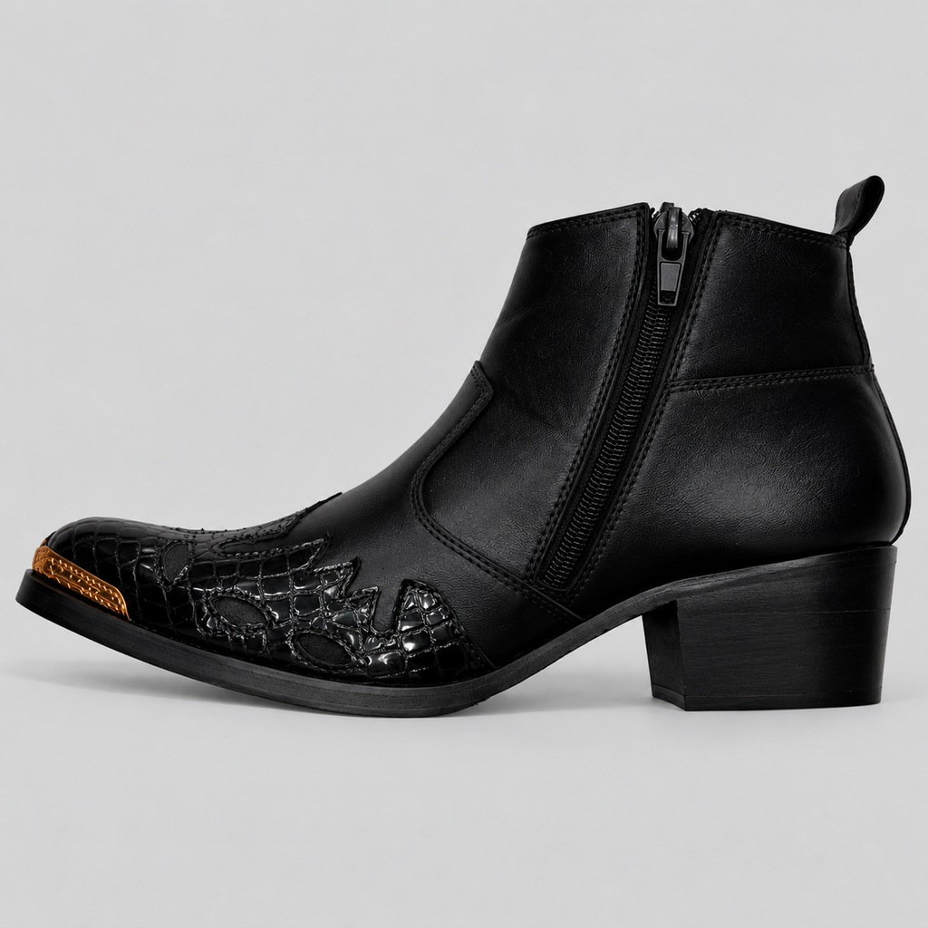 Men’s Black Leather Ankle Boots with Crocodile Texture
