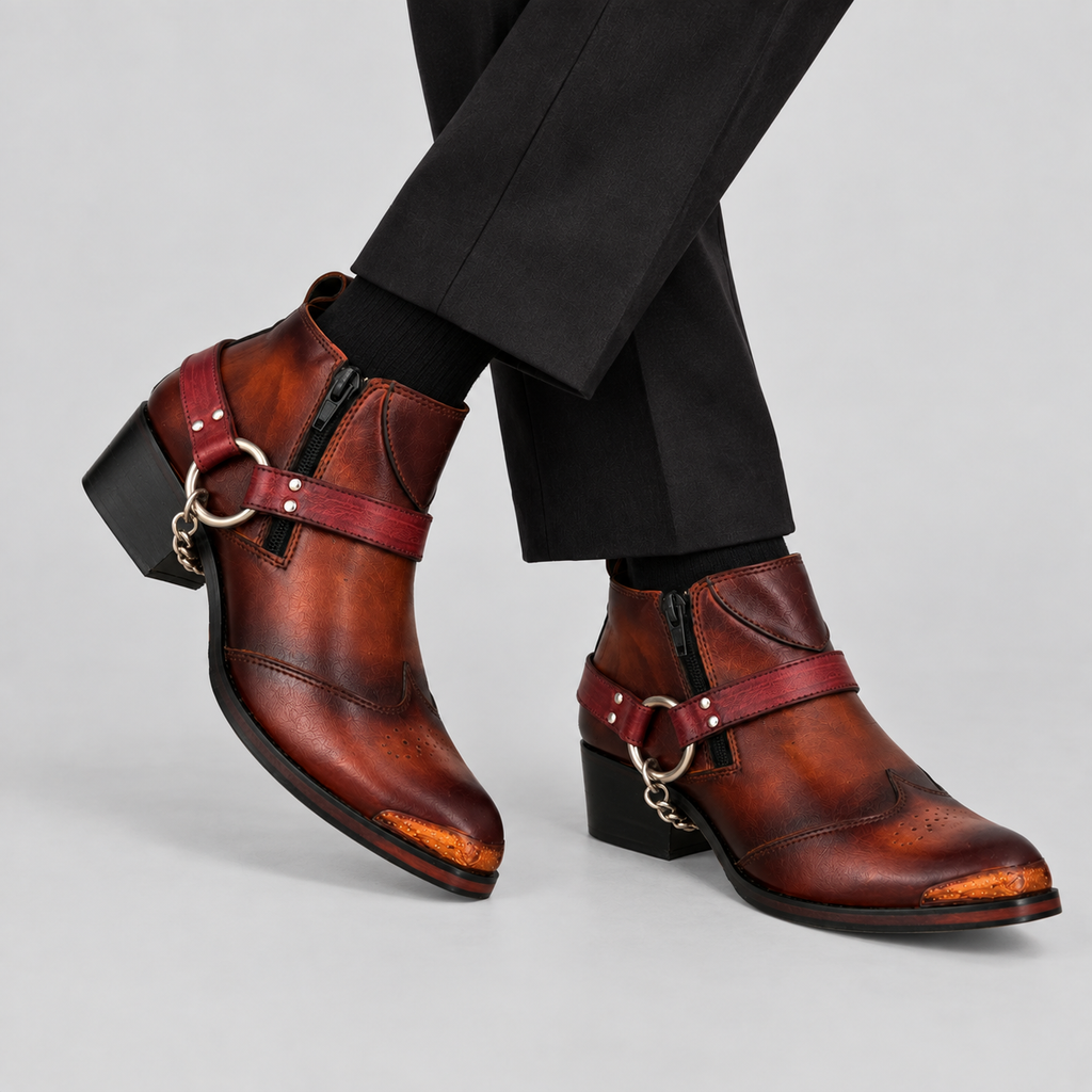 Men’s Luxury Brown Leather Harness Ankle Boots