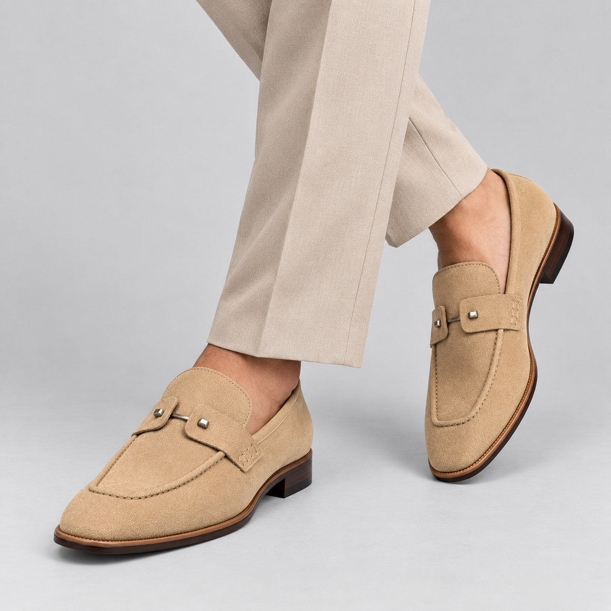 Men's Beige Suede Apron-Toe Loafers