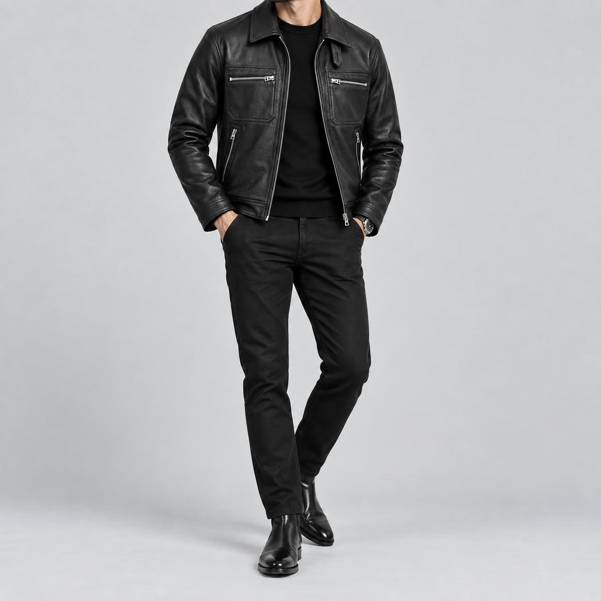 Men’s Black Leather Field Jacket Smart Casual Zip-Up Coat