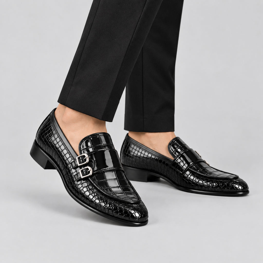 Men’s Black Croc-Embossed Leather Monk Loafers