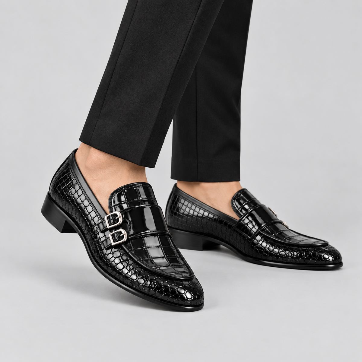 Men’s Black Croc-Embossed Leather Monk Loafers