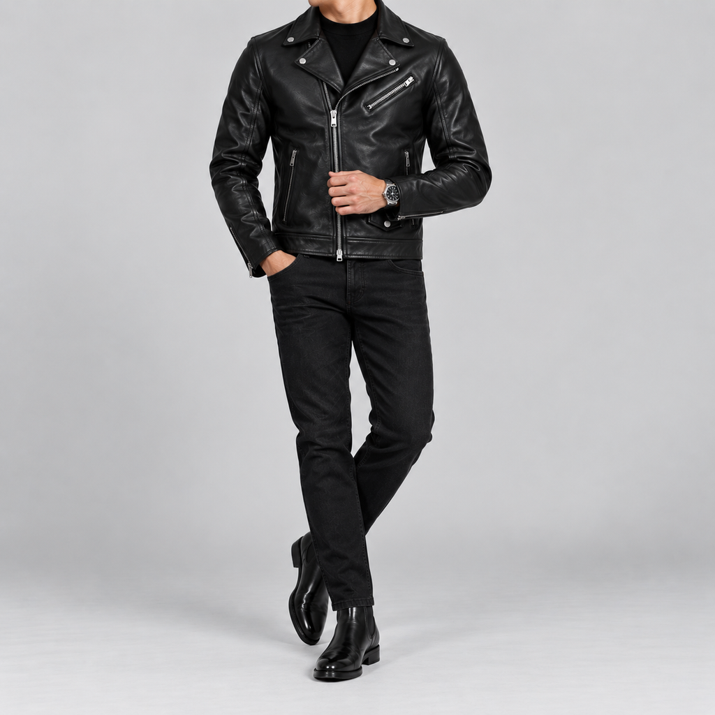 Men’s Black Leather Biker Jacket Slim Fit Zip-Up Moto Jacket