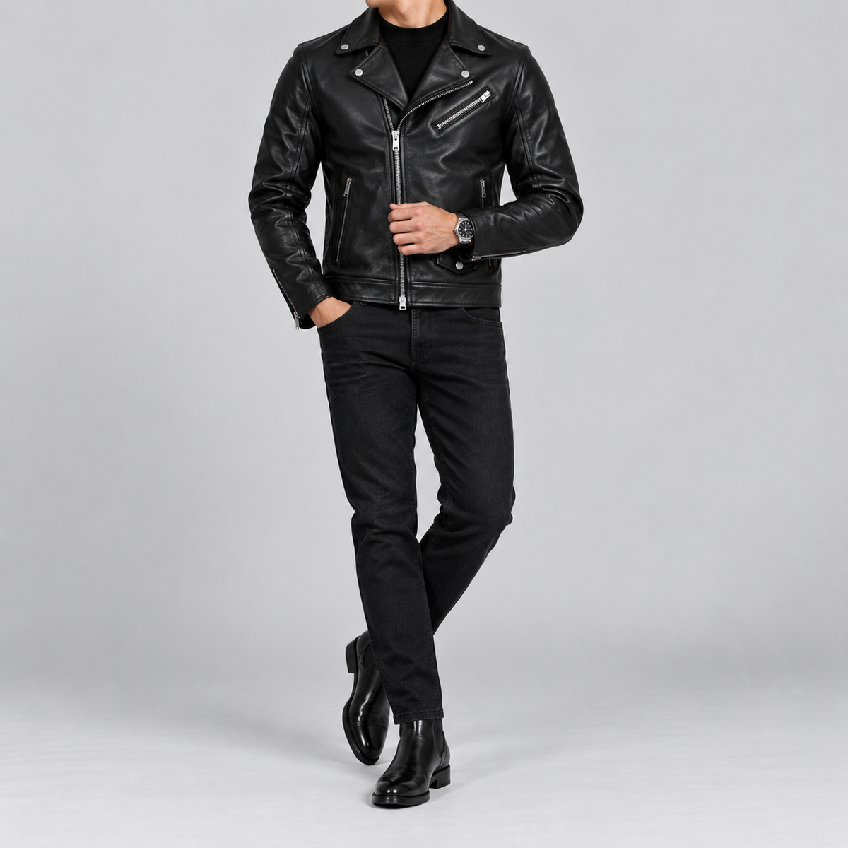 Men’s Black Leather Biker Jacket Slim Fit Zip-Up Moto Jacket