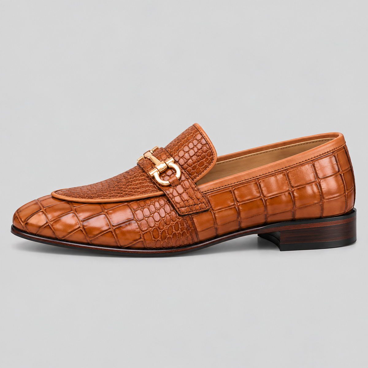 Classic Men's Cognac Brown Croc-Embossed Dress Loafers