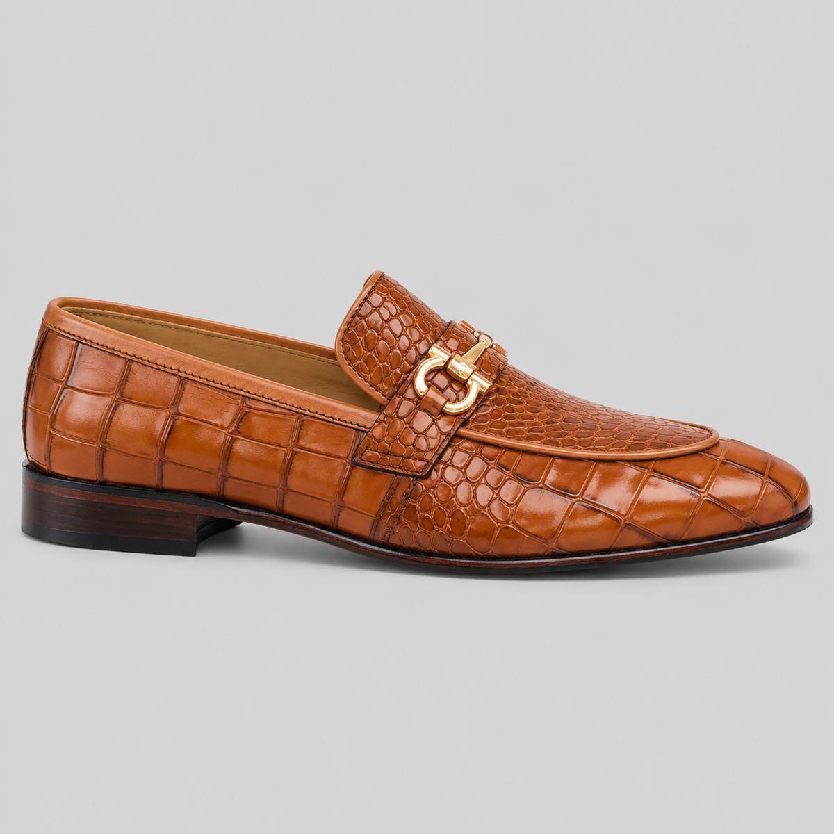 Classic Men's Cognac Brown Croc-Embossed Dress Loafers