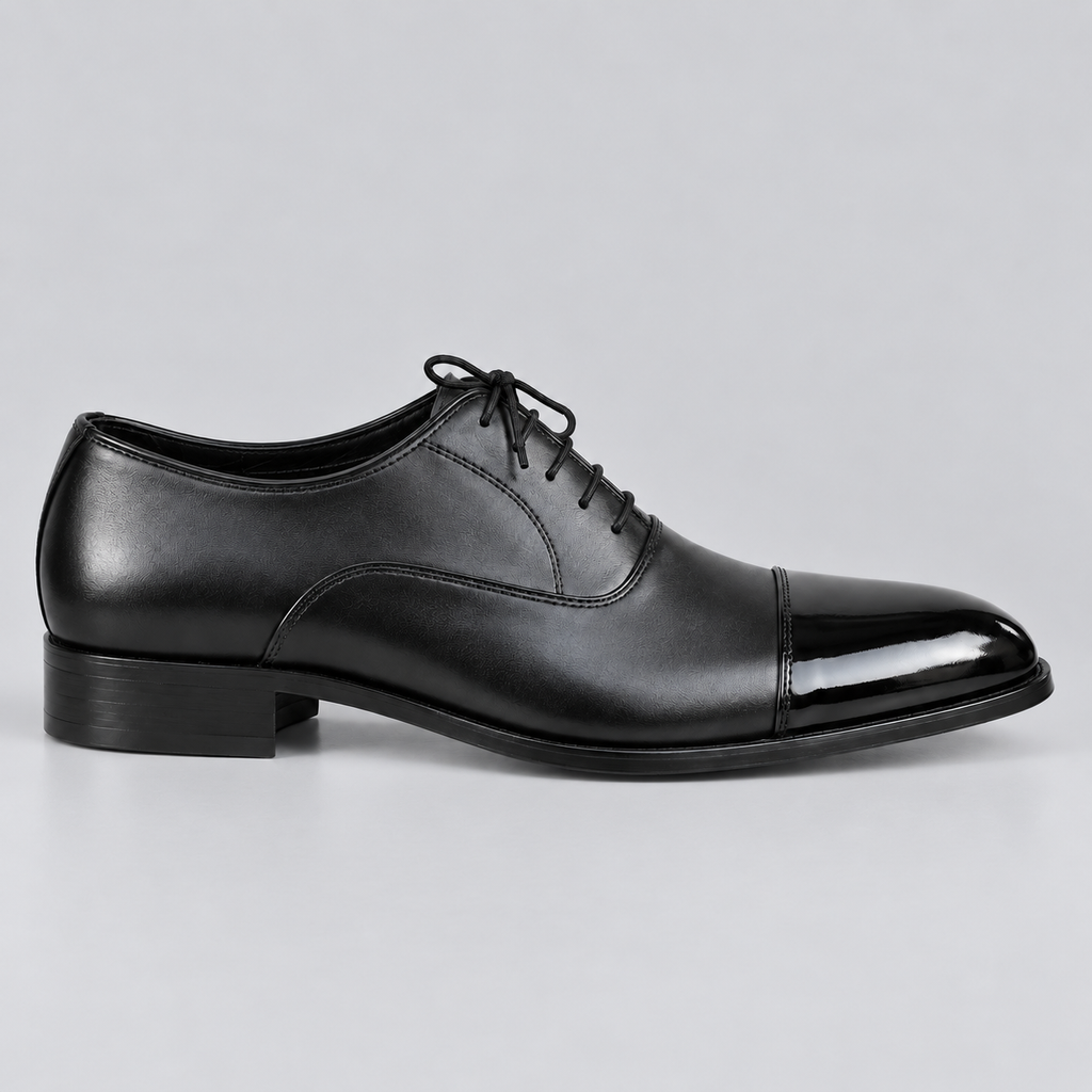 Men’s Black Genuine Leather Cap-Toe Dress Shoes