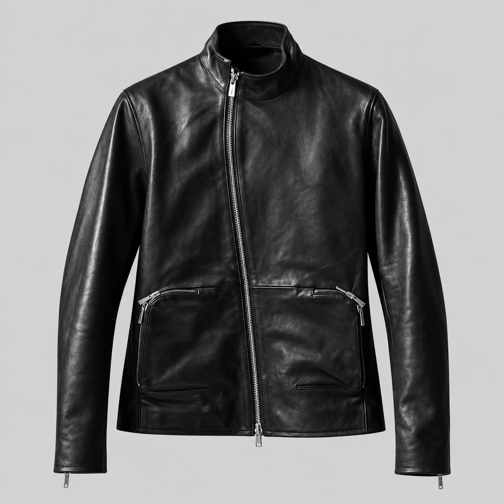 Men’s Black Leather Stand-Collar Jacket – Sleek Zip-Front Style