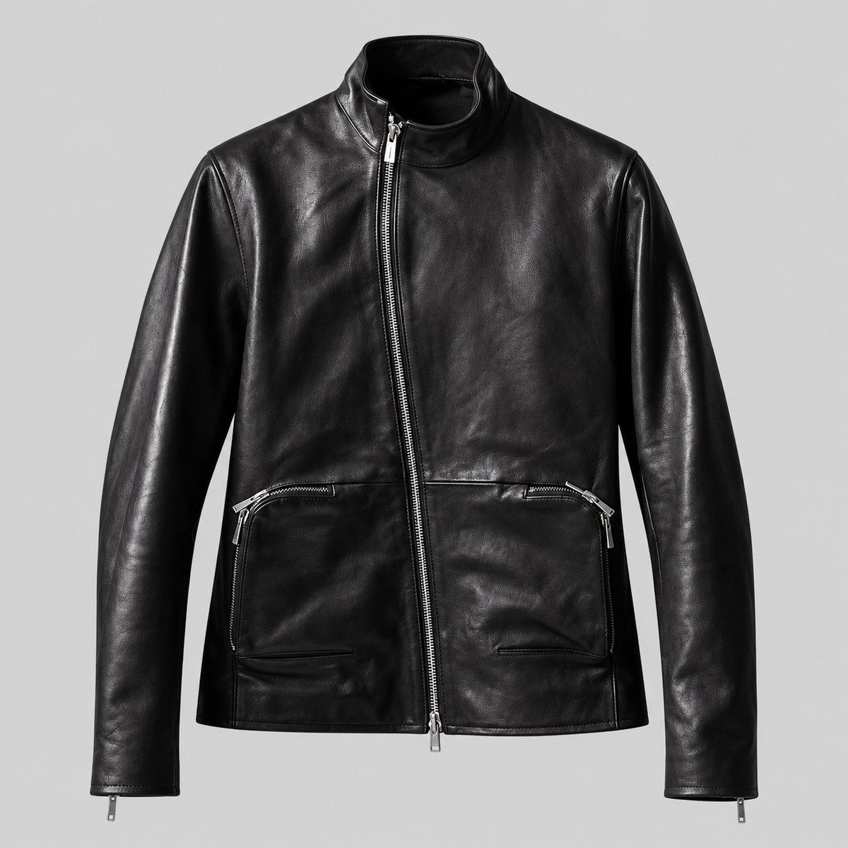 Men’s Black Leather Stand-Collar Jacket – Sleek Zip-Front Style