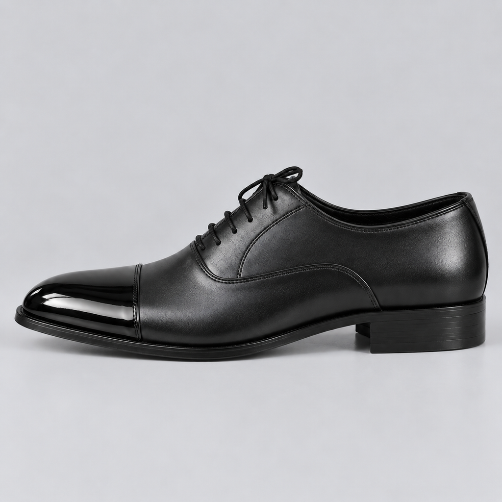 Men’s Black Genuine Leather Cap-Toe Dress Shoes