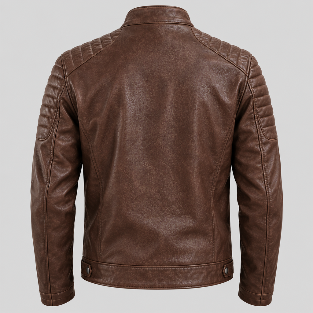 Men's Brown Leather Biker Jacket Slim Fit Quilted Moto Coat
