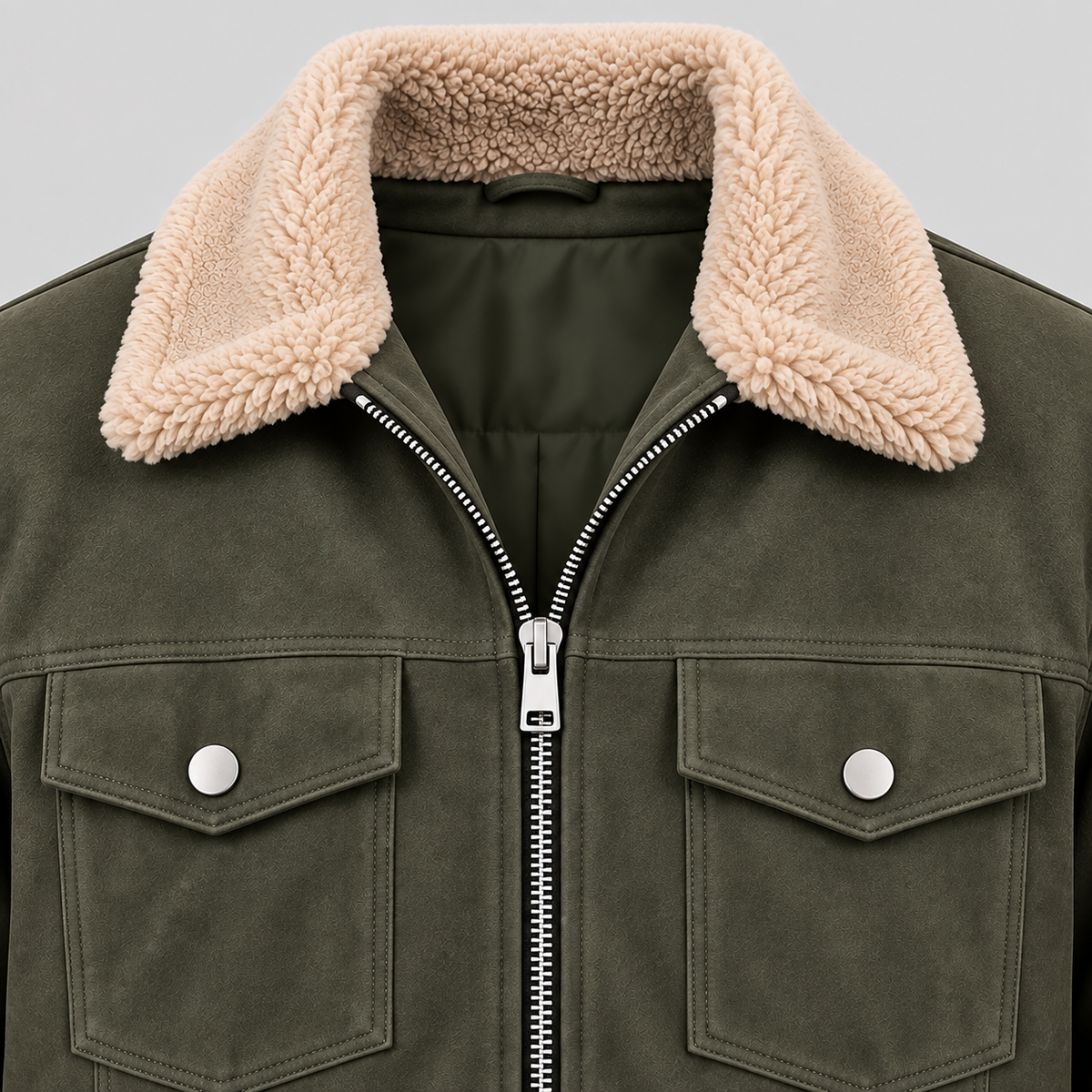 Men’s Olive Green Suede-Style Sherpa Collar Jacket Zip-Up Trucker Jacket