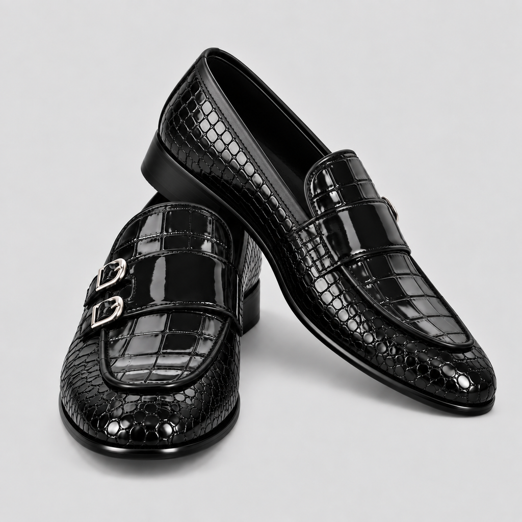 Men’s Black Croc-Embossed Leather Monk Loafers