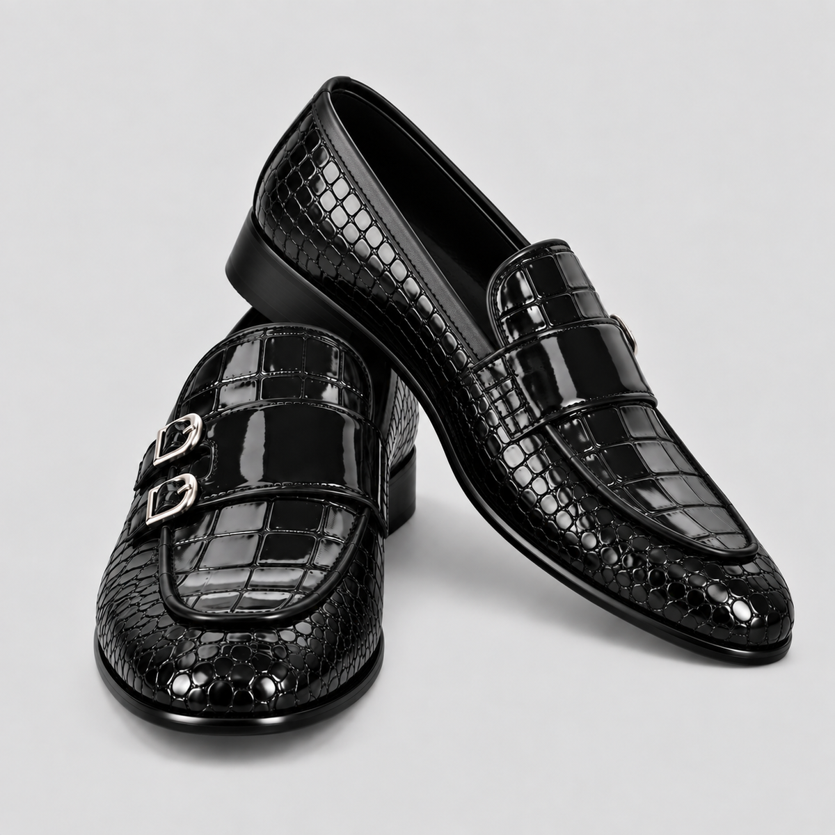 Men’s Black Croc-Embossed Leather Monk Loafers