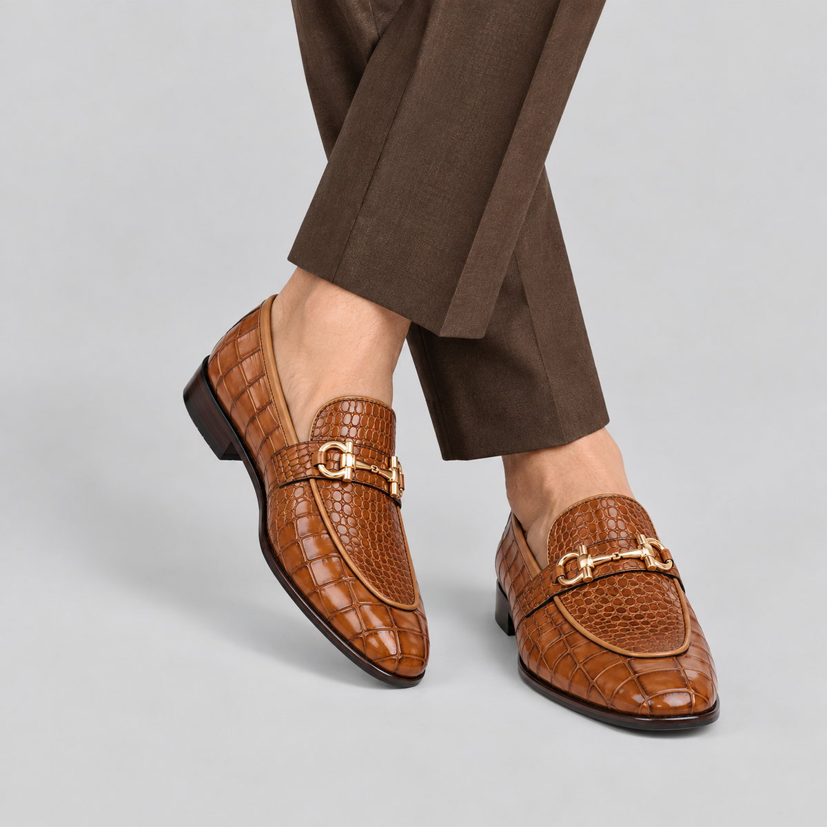 Classic Men's Cognac Brown Croc-Embossed Dress Loafers