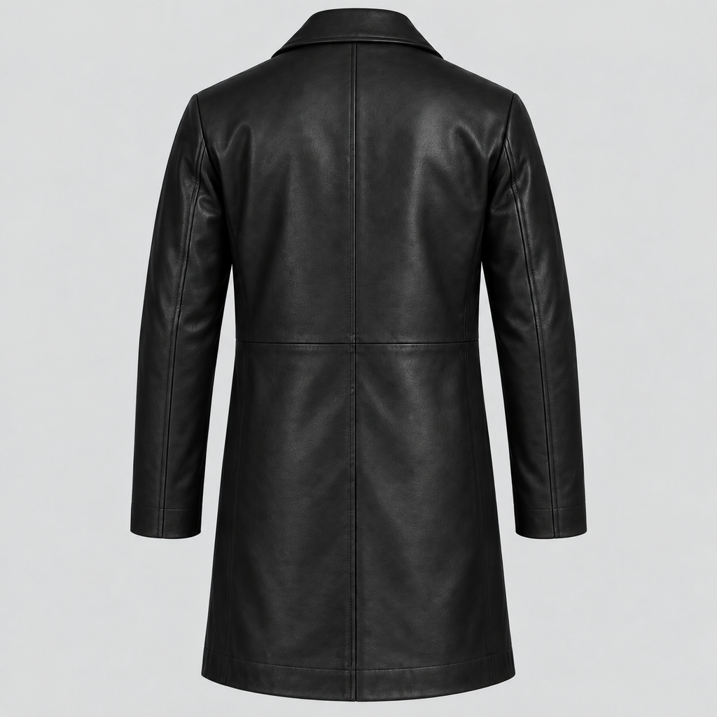 Men’s Black Leather Longline Car Coat Tailored Button-Front