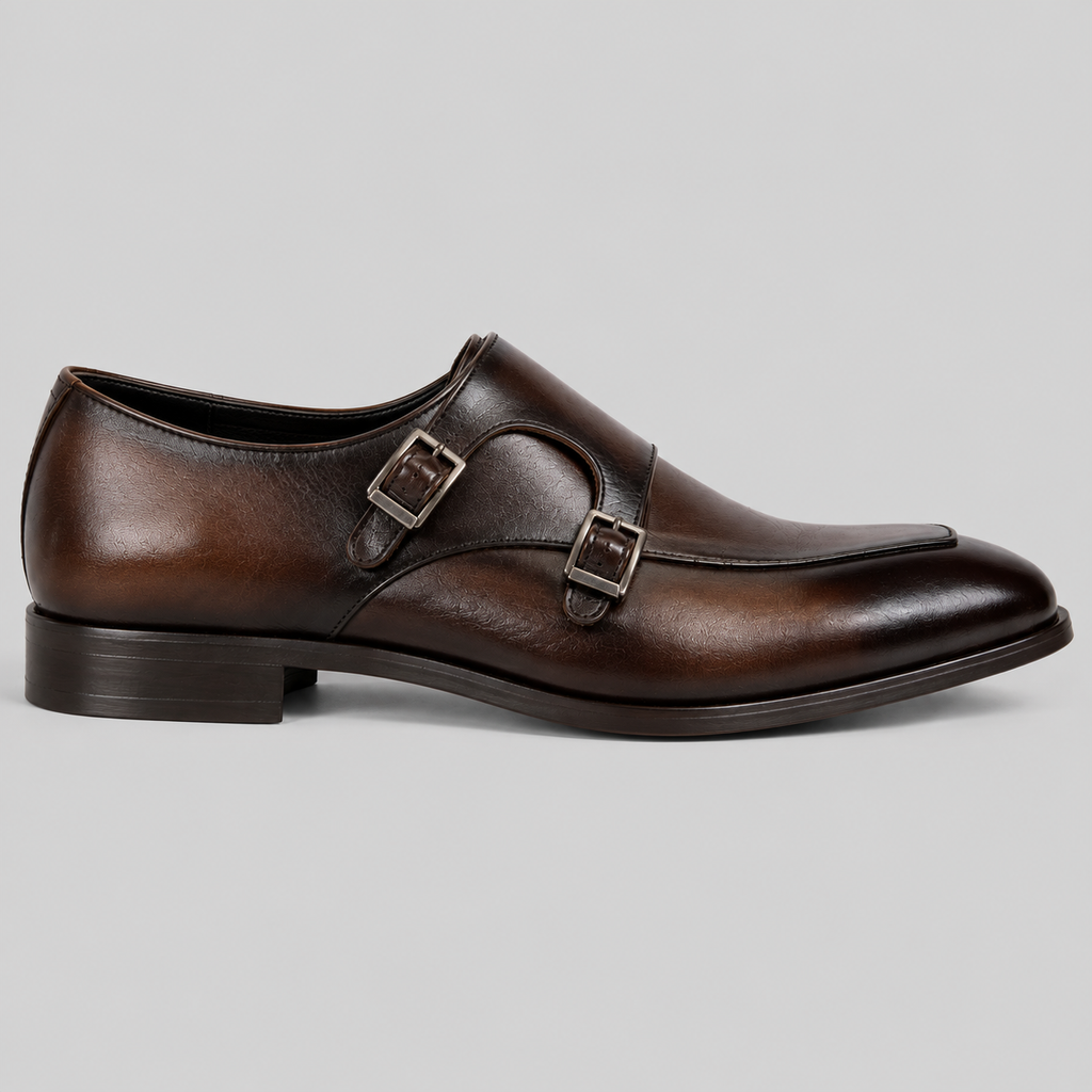Classic Men's Dark Brown Leather Italian Toe Double Monk Strap