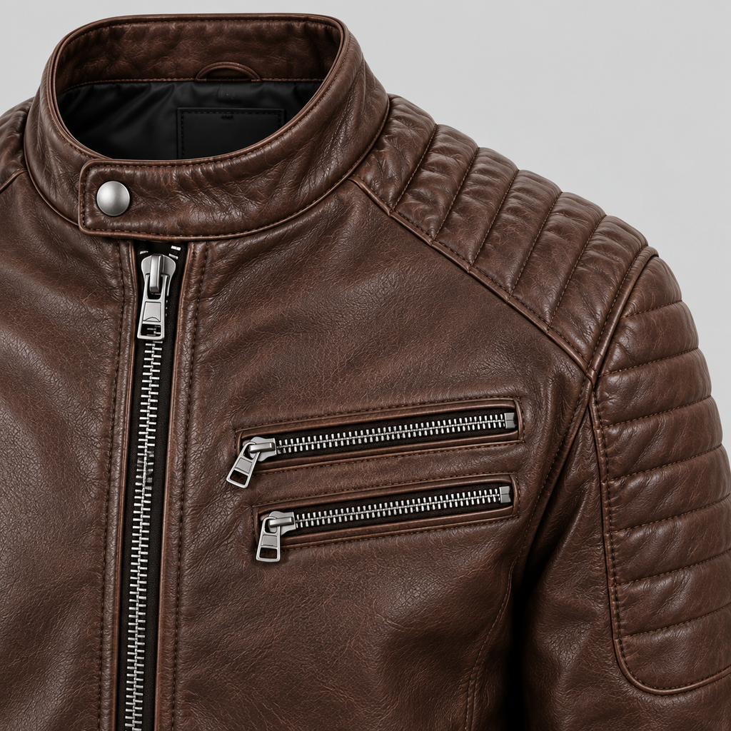Men's Brown Leather Biker Jacket Slim Fit Quilted Moto Coat