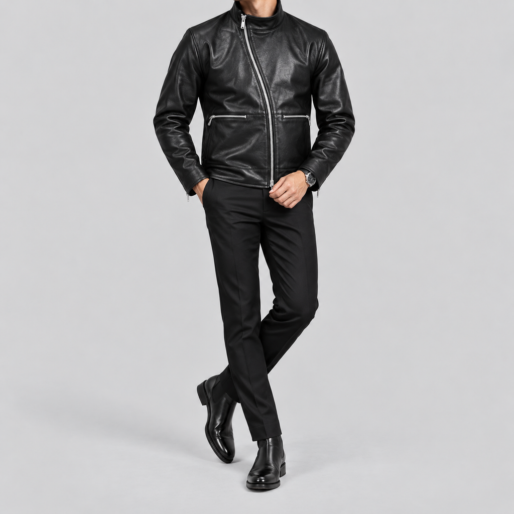 Men’s Black Leather Stand-Collar Jacket – Sleek Zip-Front Style