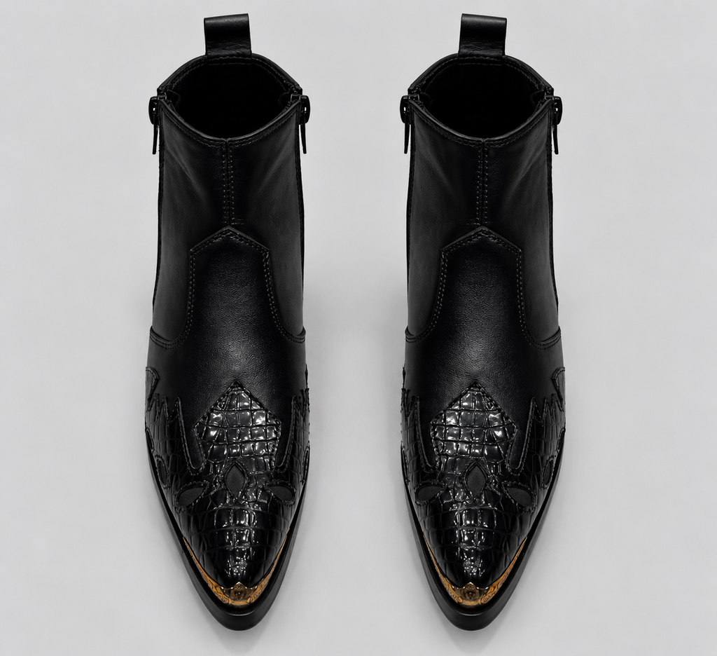 Men’s Black Leather Ankle Boots with Crocodile Texture