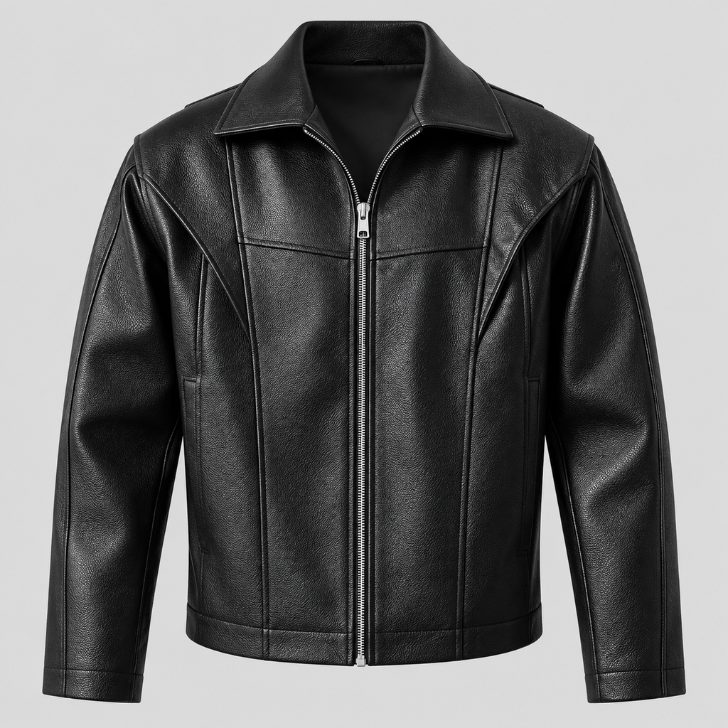Men’s Black Leather Panelled Jacket Classic Zip-Up Smart Casual Coat