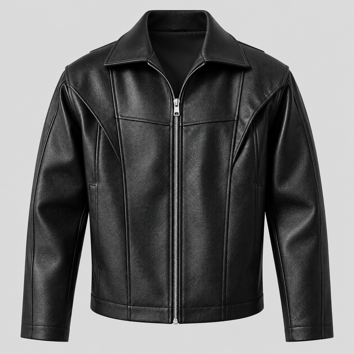 Men’s Black Leather Panelled Jacket Classic Zip-Up Smart Casual Coat