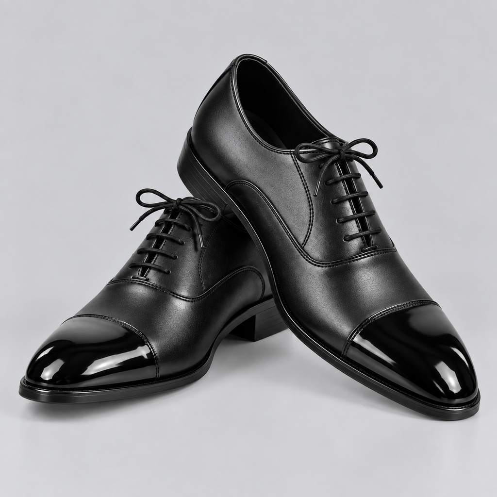 Men’s Black Genuine Leather Cap-Toe Dress Shoes