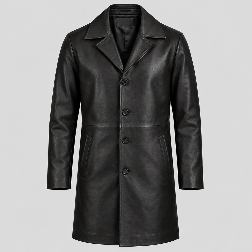 Men’s Black Leather Longline Car Coat Tailored Button-Front