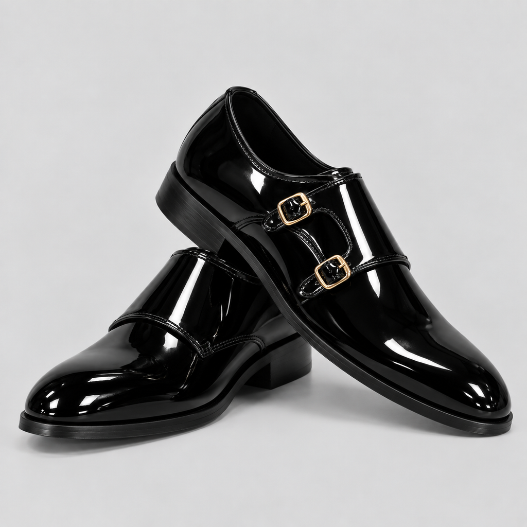 Classic Men's Shiny Black Patent Double Monk Strap