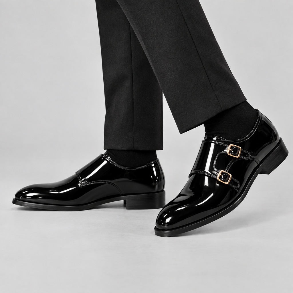 Classic Men's Shiny Black Patent Double Monk Strap