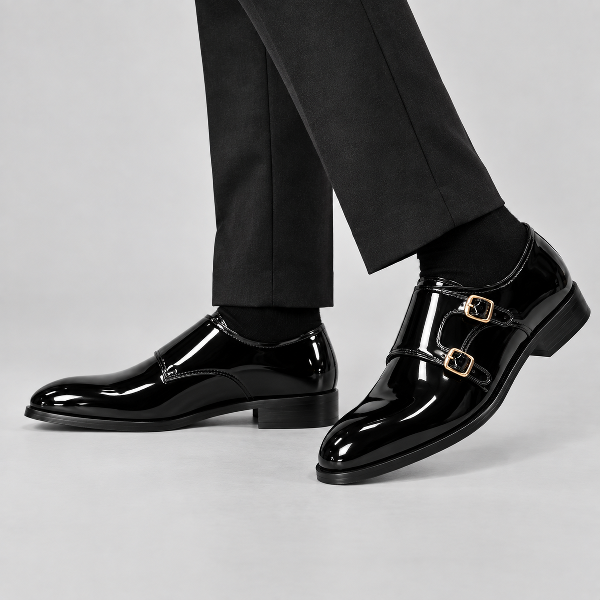 Classic Men's Shiny Black Patent Double Monk Strap