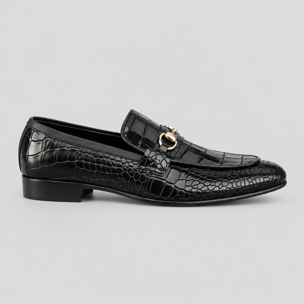 Kensington Men’s Black Croc-Embossed Leather Horsebit Loafers