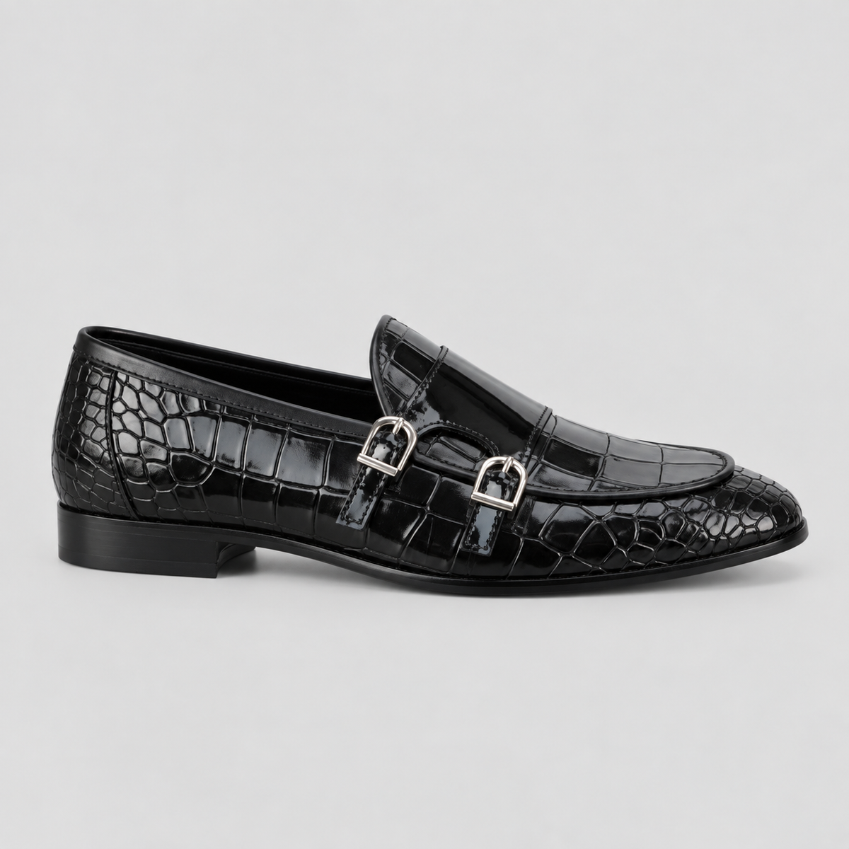 Men’s Black Croc-Embossed Leather Monk Loafers