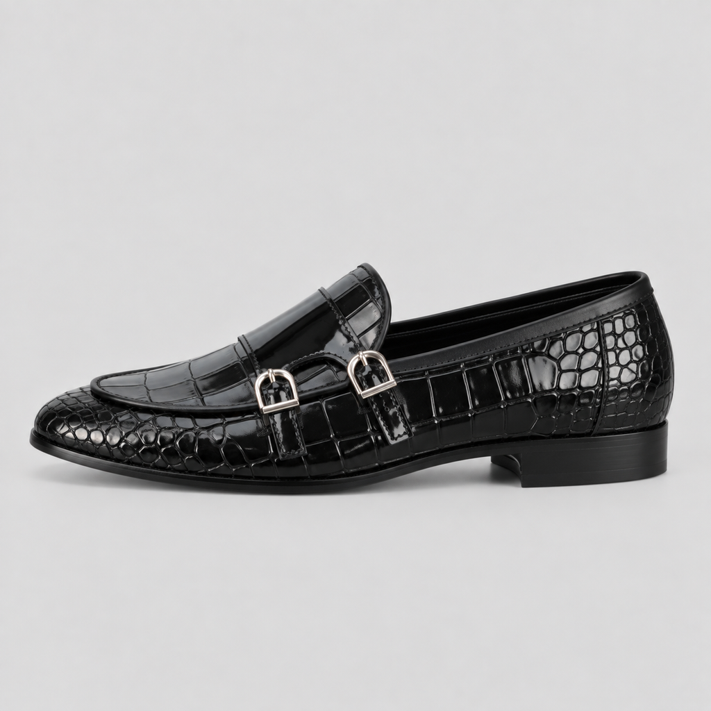 Men’s Black Croc-Embossed Leather Monk Loafers